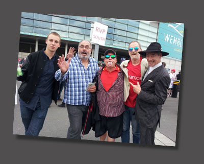 Arsenal fans gather for an end to a nine year drought!:  Hank with Buster Bloodvessell and entourage